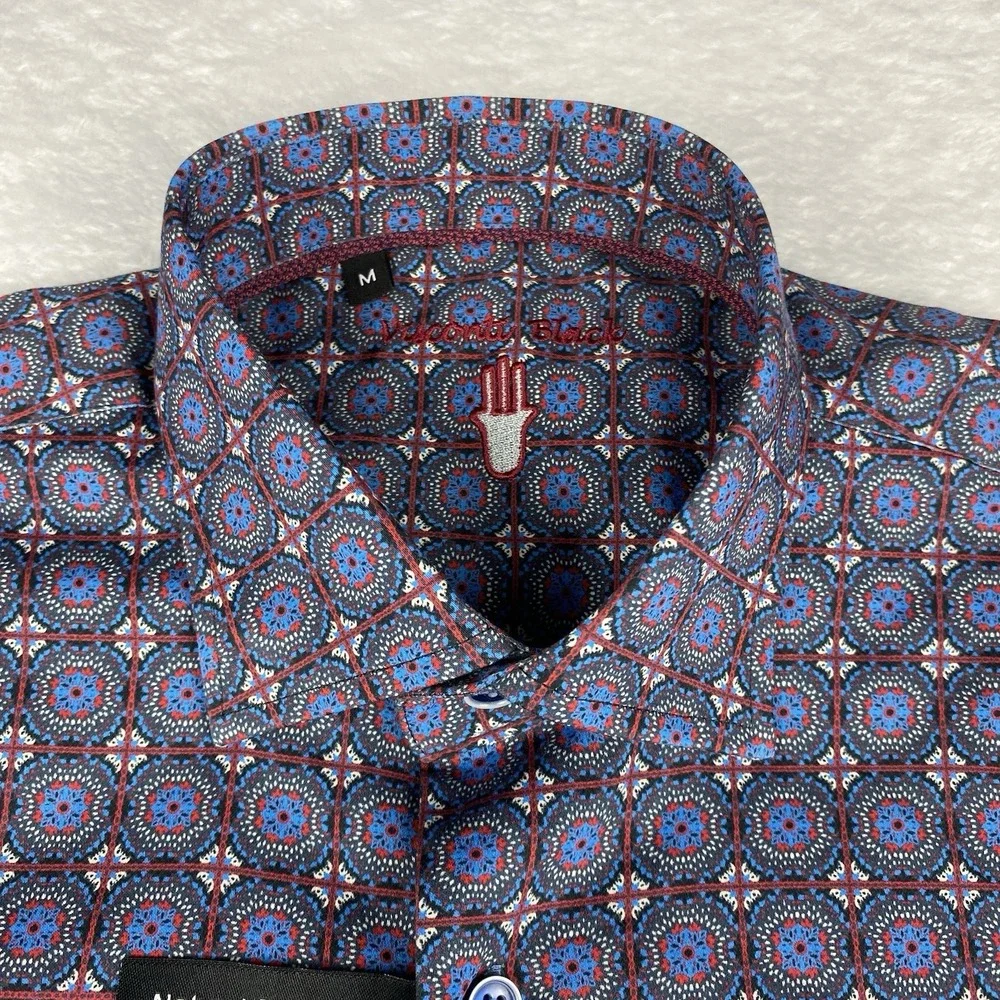 Visconti Black Shirt Mens Medium Blue Geometric w/Mask Regular Fit Stretch NWT!